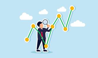 businessman analyzing a rising bitcoin chart with a magnifying glass, illustration of monitoring evaluation and analyzing bitcoin investment valuation progress vector
