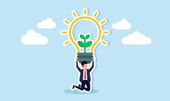 A businessman struggles to lift a lamp containing plants, illustration of the heavy burden of creating business ideas and innovations that do not harm the environment vector