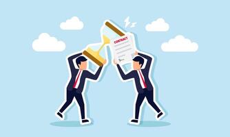 two businessmen clash with items they carry, one hold a hourglass and the other a contract paper, illustration of debate over strategies to finish a dateline project with limited contracts vector