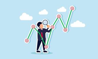 businessman analyzing a rising target board chart with a magnifying glass, illustration of monitoring evaluation and analyzing performance progress in achieving business targets vector