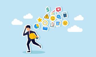 A businessman running with a lit lamp, followed and chased by business management items, illustration of working on business ideas and innovations while handling other tasks vector