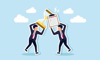 two businessmen clash with items they carry, one holding a hourglass and the other a job description board, illustration of arguing about finish a dateline project with many job tasks vector