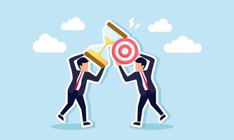 two businessmen clash with items they carry, one hold a hourglass and the other a target board, illustration of debate to finish a dateline project with numerous business targets vector