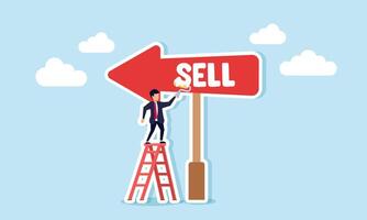 businessman climbs a ladder and writes the word SELL on an arrow, illustration of guidance or instructions on selling business assets to achieve a profit vector