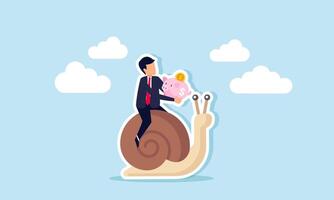 A businessman carrying a piggy bank while riding a snail, illustration of the slow progress of investment asset movement vector