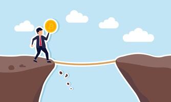 A businessman carrying a bitcoin to cross a ravine with a rope, illustration of protecting bitcoin valuation threatened by business issues vector