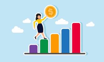 A businesswoman holding a dollar coin standing on a graph, illustration of increasing business assets and revenue progress vector