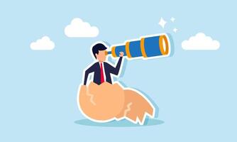 A businessman peers through binoculars from behind an egg shell, illustration of analyzing and monitoring competitor movements from the start of business incubation vector