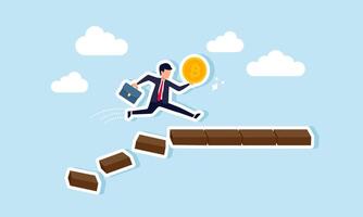 A businessman runs carrying a bitcoin, avoiding a collapsing block structure, illustration of securing assets in the form of bitcoin from business challenges vector