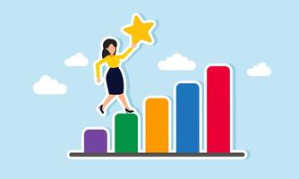 A businesswoman holding a star standing on a graph, illustration of increasing business rating and quality progress vector