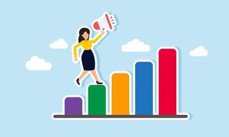 A businesswoman holding a megaphone standing on a graph, illustration of promoting and educating about business progress vector