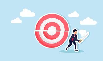 businessman slicing a target board in half with a samurai sword, illustration of achieving set business targets vector