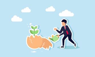 A businessman watering an eggshell sprouting plants, illustration of efforts to nurture nature from an early stage by building environmentally conscious businesses vector