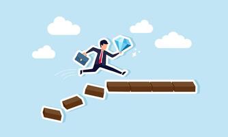 A businessman runs carrying the world, avoiding a collapsing block structure, illustration of securing valuable business assets from business issues vector