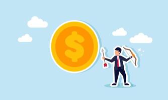 A businessman holding an arrow stands next to a giant dollar coin, illustration of analyzing and targeting the dollar at a specific valuation vector