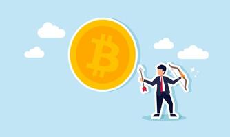 A businessman holding an arrow stands next to a giant bitcoin, illustration of analyzing and targeting bitcoin at a specific valuation vector