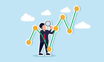 businessman analyzing a rising dollar coin chart with a magnifying glass, illustration of monitoring evaluation and analyzing dollar valuation or business revenue vector
