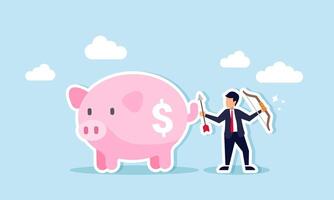 A businessman holding an arrow stands next to a piggy bank, illustration of analyzing and targeting investment in business investment products vector