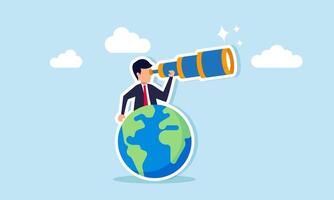 A businessman peers through binoculars from behind the globe, illustration of analyzing and monitoring global business trend movements vector