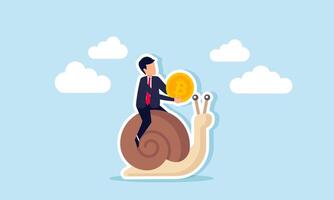 A businessman carrying a bitcoin while riding a snail, illustration of the slow progress of bitcoin valuation movement vector
