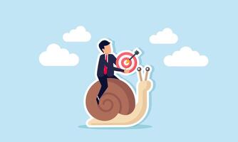 A businessman carrying a target board while riding a snail, illustration of the slow progress in achieving business target performance vector