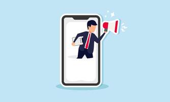 businessman emerging from a smartphone holding a to-do list and speaking through a megaphone, illustration of a leader giving directions on tasks for the team vector