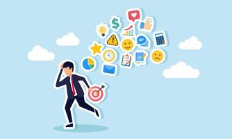 A businessman running with a target board, followed and chased by business management items, illustration of handling business targets while managing other tasks vector