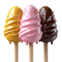 Ice Cream on a Stick with Chocolate, Vanilla, and Strawberry Toppings on Transparent Background png