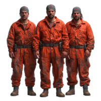 Three Men in Orange Overalls Standing Together on Transparent Background png