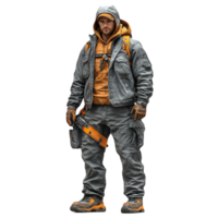 Man in Grey and Orange Suit with Backpack on Transparent Background png