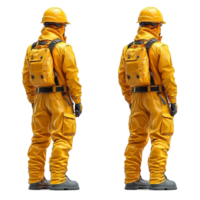 Two Yellow Fireman Suits with Helmets and Backpacks on Transparent Background png