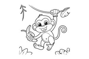 Cartoon Monkey with Banana Line Art vector