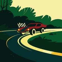 a red car driving down a winding road with a checkered flag vector