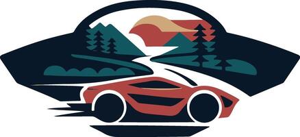 a car driving through the mountains and forest vector