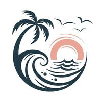 A tropical beach scene with a palm tree and a sunset vector