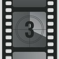 Countdown film strip frame with number three. Retro cinema movie timer counter vector