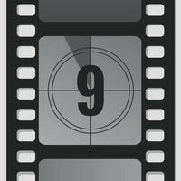 Countdown film strip frame with number nine. Retro cinema movie timer counter vector