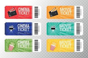 Modern movie or cinema tickets design set. Front view with barcode. Cinema ticket template vector