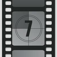 Countdown film strip frame with number seven. Retro cinema movie timer counter vector