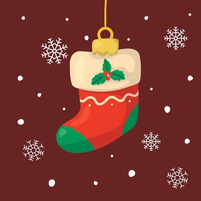 Christmas tree ornament in the shape of a stocking for gifts. Background with snowflakes.
