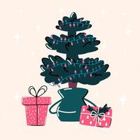 Christmas tree in a pot decorated with garlands. Gifts under the tree. Eco-friendly approach. vector