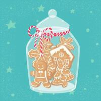 Gingerbread Christmas cookies in the shape of a tree, house, man, and snowflake inside a glass jar vector