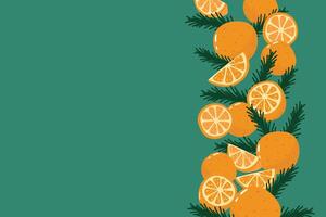 Copy space for text. New Year festive green background. Composition with tangerines. vector