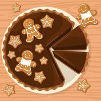 Chocolate Christmas cake with gingerbread men and cookies shaped stars on wooden table. Top view vector