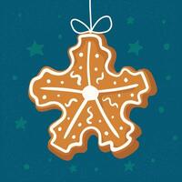 New Year snowflake shaped cookie hanging on string. Christmas tree decoration. illustration vector