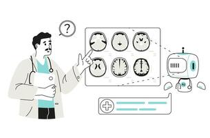 Artificial intelligence in medicine concept linear illustration isolated on white. Medical worker using AI for brain MRI scan analysis. vector