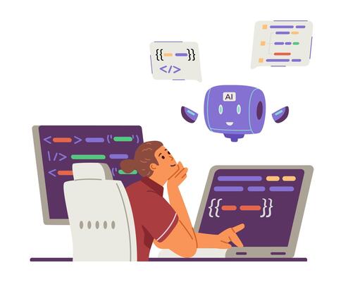 Man programmer interacting with artificial intelligence for code generation and editing flat concept illustration isolated on white.
