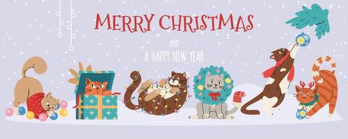 Merry Christmas and a happy new year horizontal banner with funny cats sitting under snowfall. vector