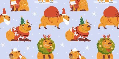 Christmas seamless pattern with funny capybaras in costumes and hats, chilling under snow illustrations. vector