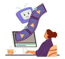 Woman motion designer using artificial intelligence for generation and editing flat concept illustration isolated on white. vector